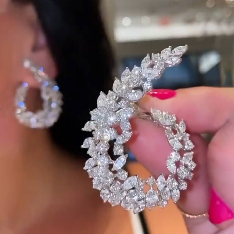 Leaf Design Marquise & Round Cut Circle Earrings In Sterling Silver