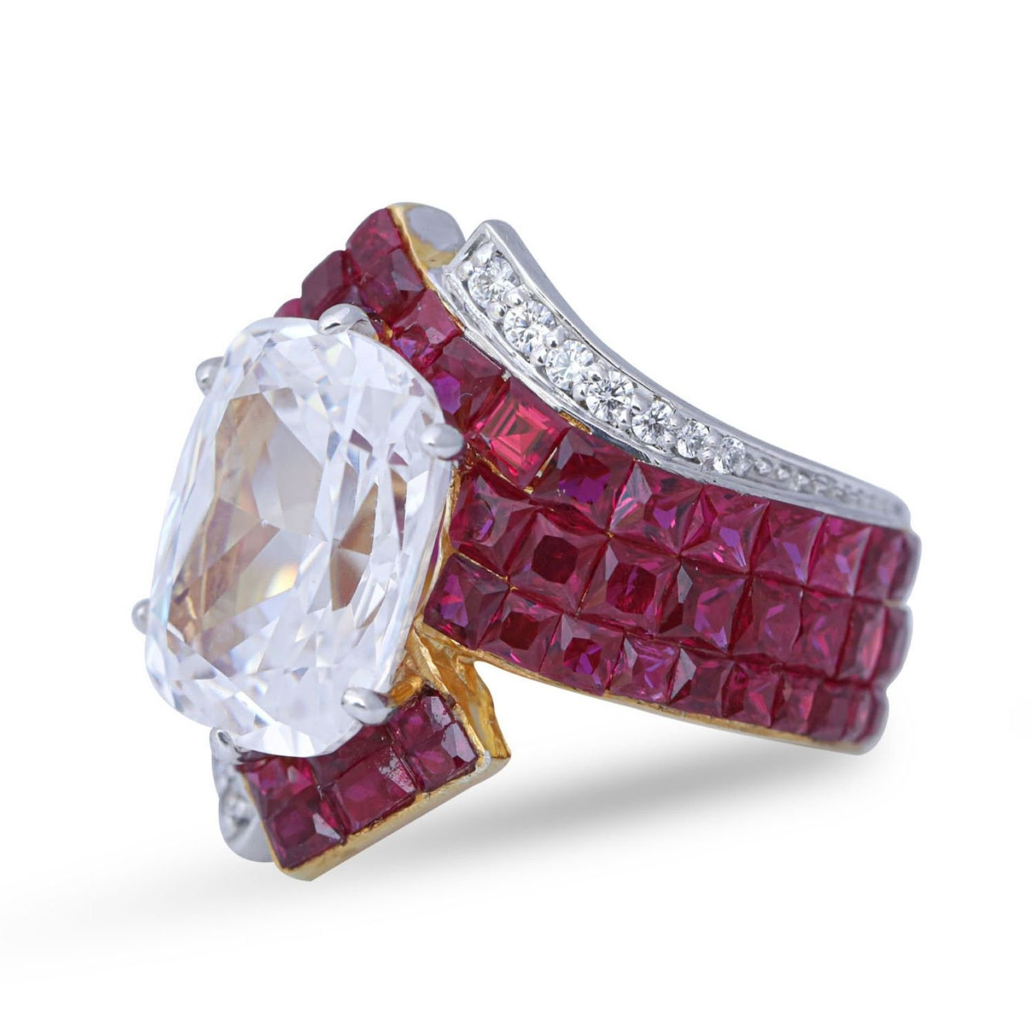 6ct Cushion Cut White&Ruby Ladies Cocktail Ring