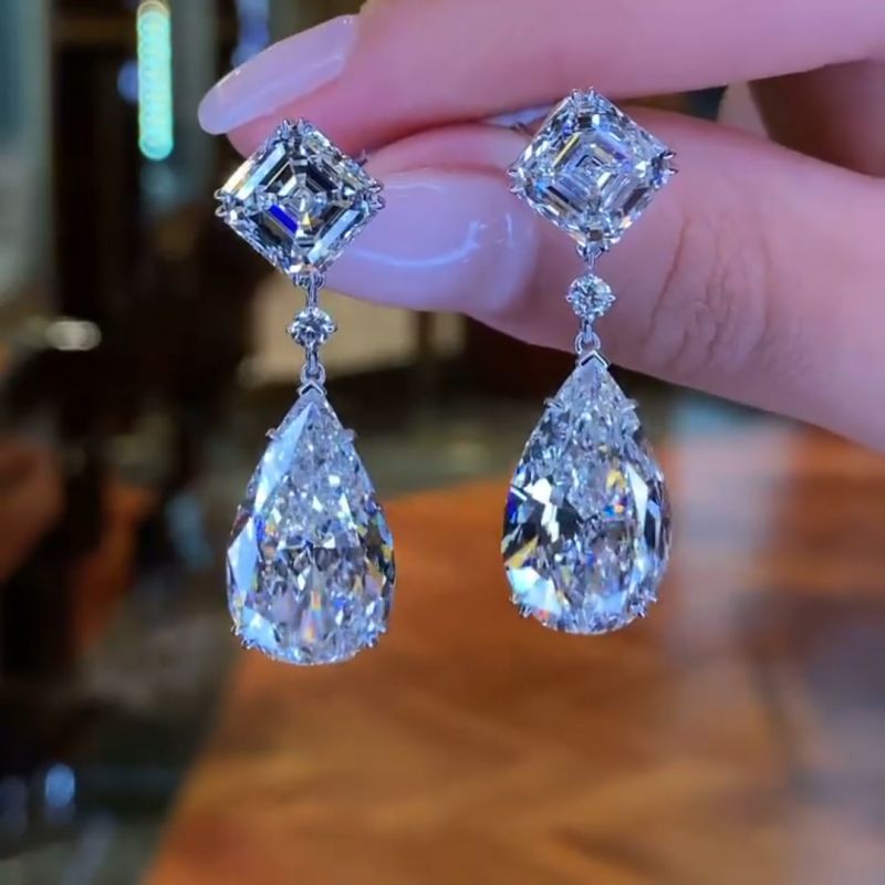 Pear&Asscher Cut Sapphire Drop Earrings