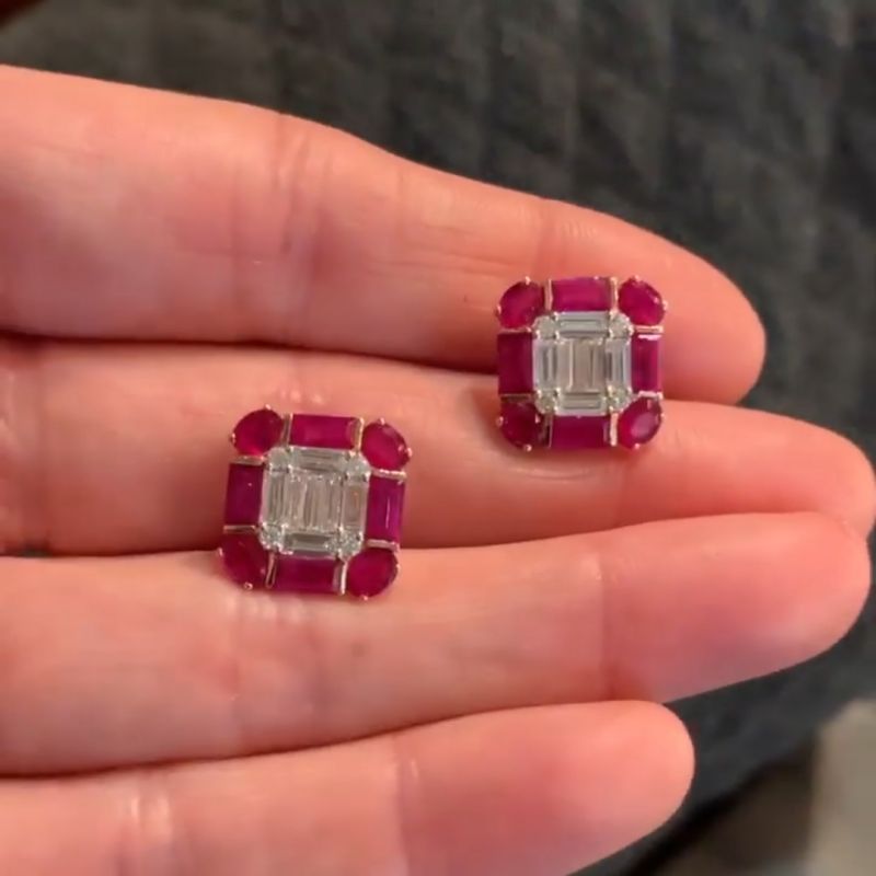 Baguette&Oval Cut Ruby Sapphire Stud Earrings