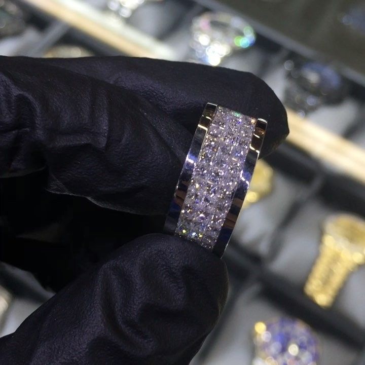 Men 3-Row Iced Out Princess Cut Eternity Men's Band Ring