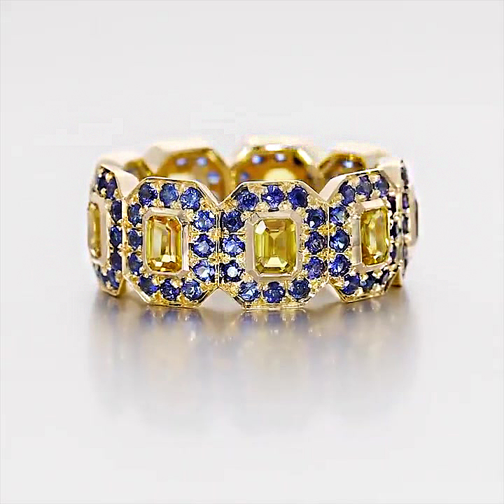 6.15ct Emerald Cut Yellow&Blue Sapphire Eternity Ring