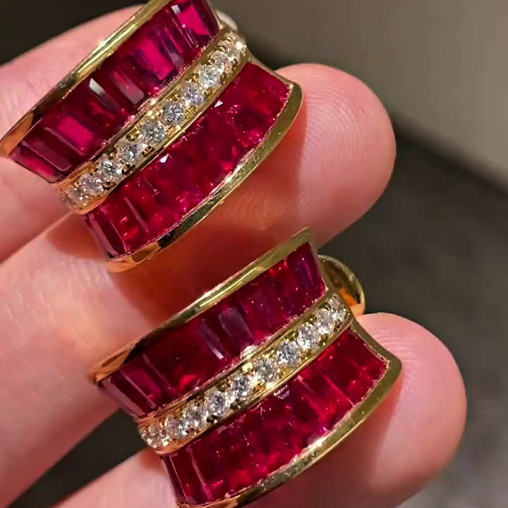 Art Deco Baguette Cut Ruby Sapphire Hoop Earrings