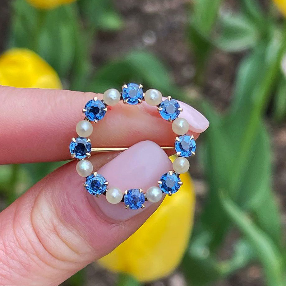 Round Cut Aquamarine Sapphire Brooch with Pearls