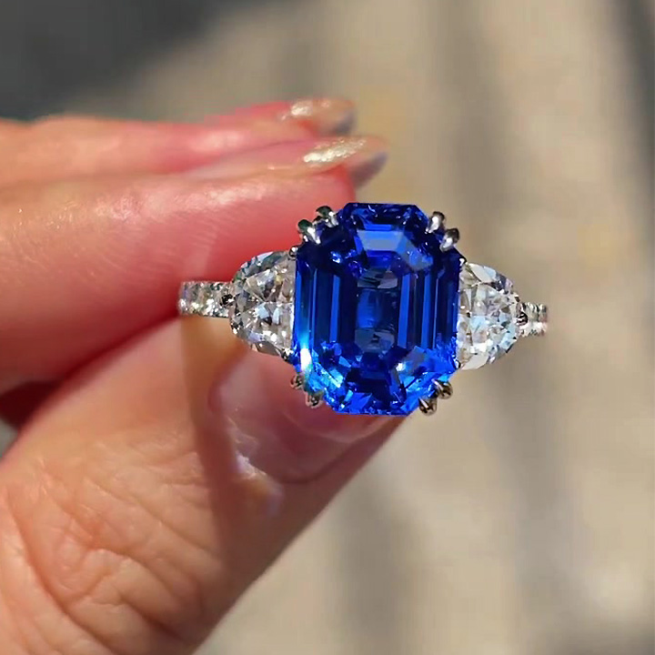 5ct Emerald Cut Blue Sapphire Engagement Ring with 2 Half-moon Stones