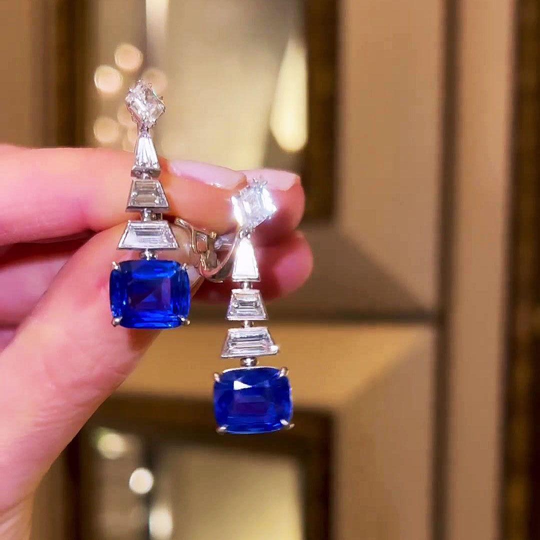 Cushion Cut Blue Sapphire Drop Earrings