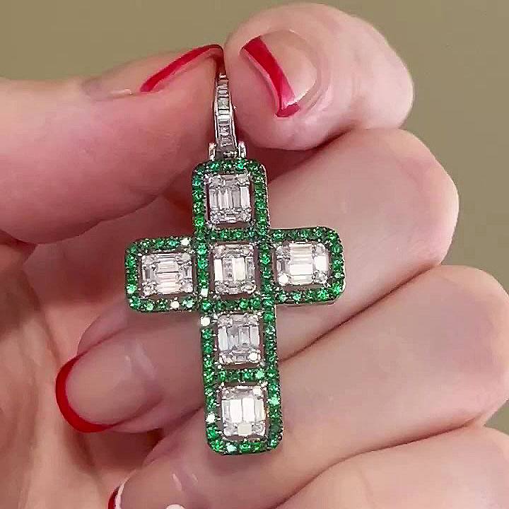Emerald Cut Emerald Sapphire Pendant Cross necklace