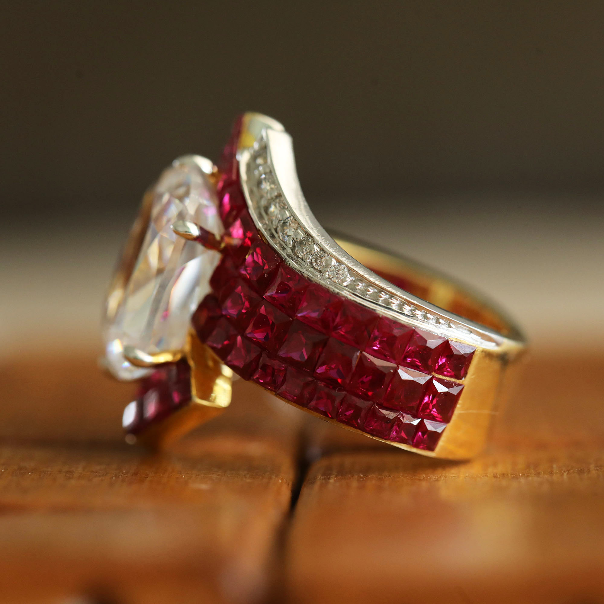 6ct Cushion Cut White&Ruby Ladies Cocktail Ring