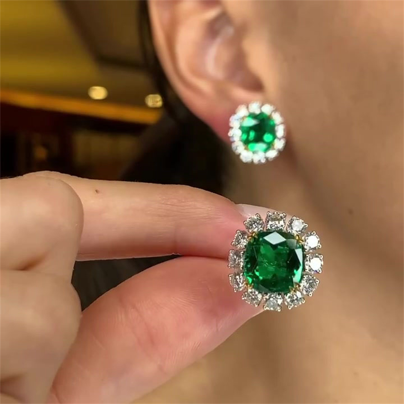 Cushion Cut Emerald Green Sapphire Stud Earrings