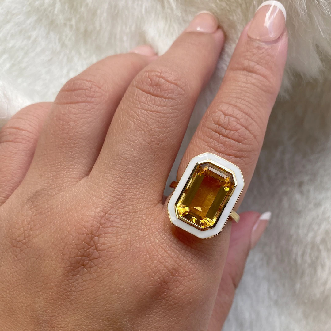 7ct Emerald Cut Yellow Sapphire Ring with White Enamel