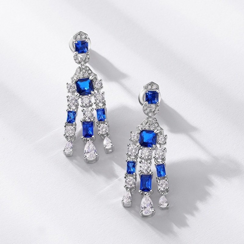 Art Design Radiant Cut Blue Sapphire Drop Earrings