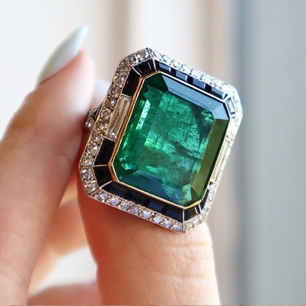 12ct  Art Deco Inspired Emerald Cut Green Sapphire Engagement Ring