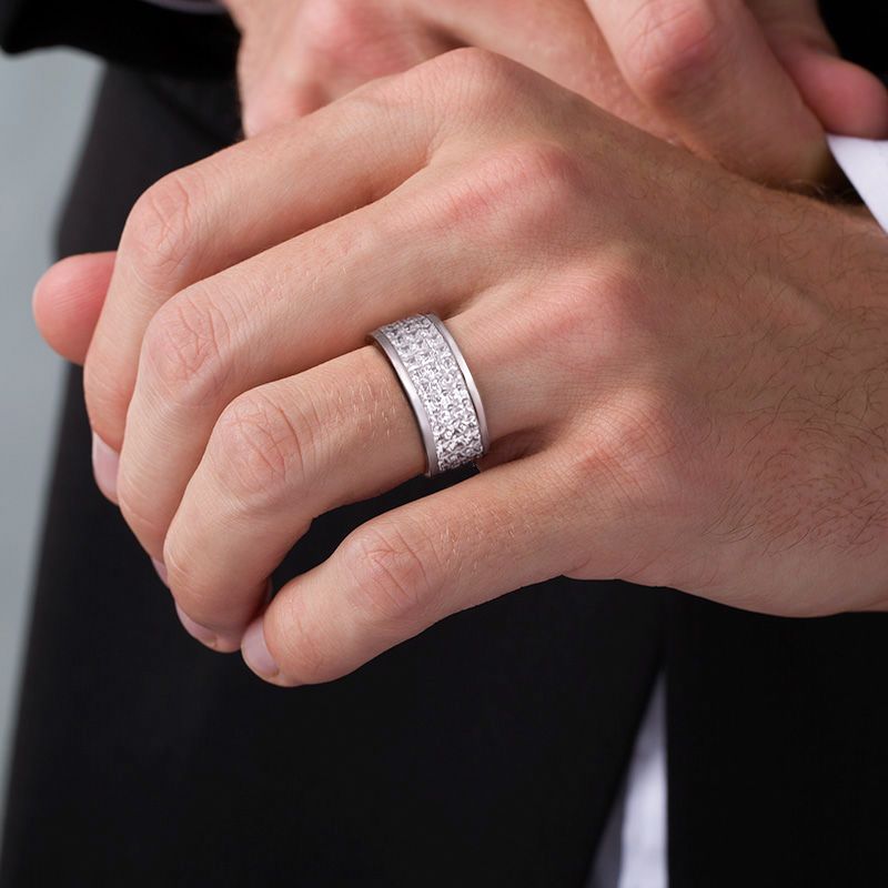 Men 3-Row Iced Out Princess Cut Eternity Men's Band Ring