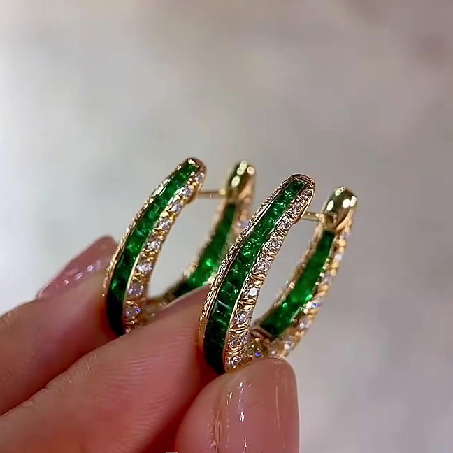 Round&Emerald Cut Emerald Green Sapphire Hoop Earrings