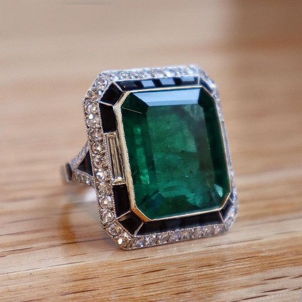 12ct  Art Deco Inspired Emerald Cut Green Sapphire Engagement Ring