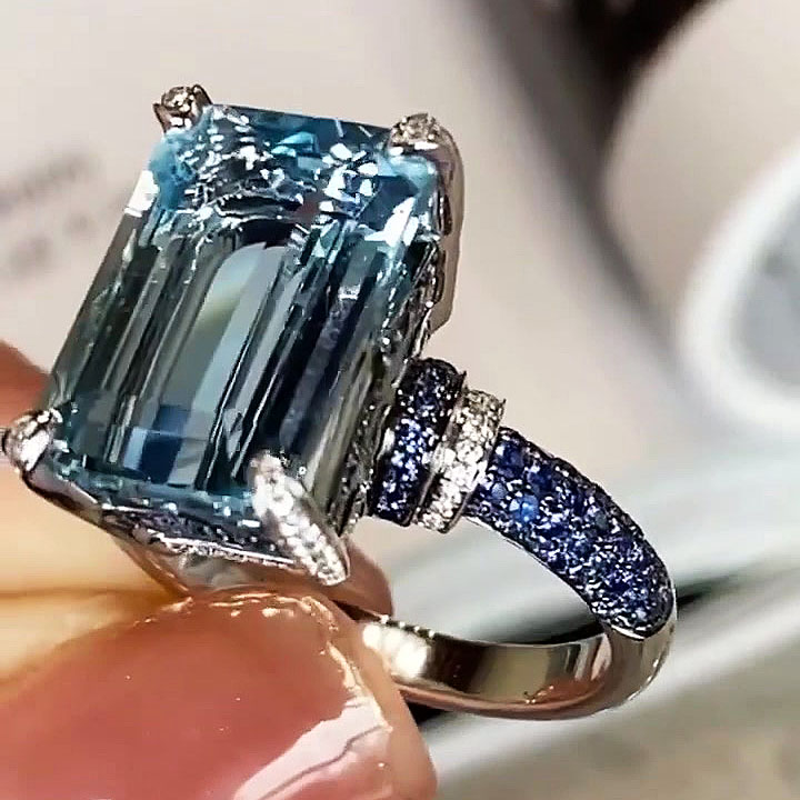 7ct Emerald Cut Aquamarine Sapphire Engagement Ring