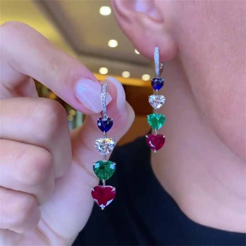 Heart Cut Red&Green&White Sapphire Drop Earrings