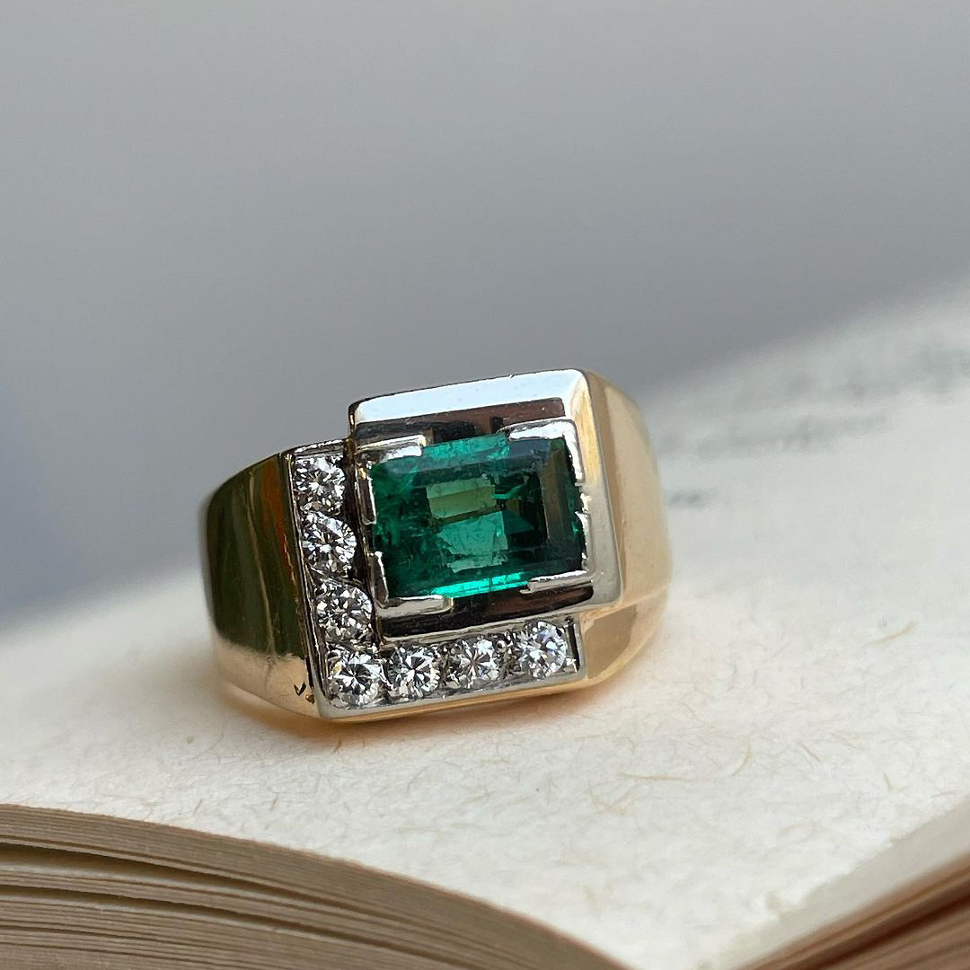 4ct Art Deco Emerald Cut Emerald Sapphire Men's Engagement Ring
