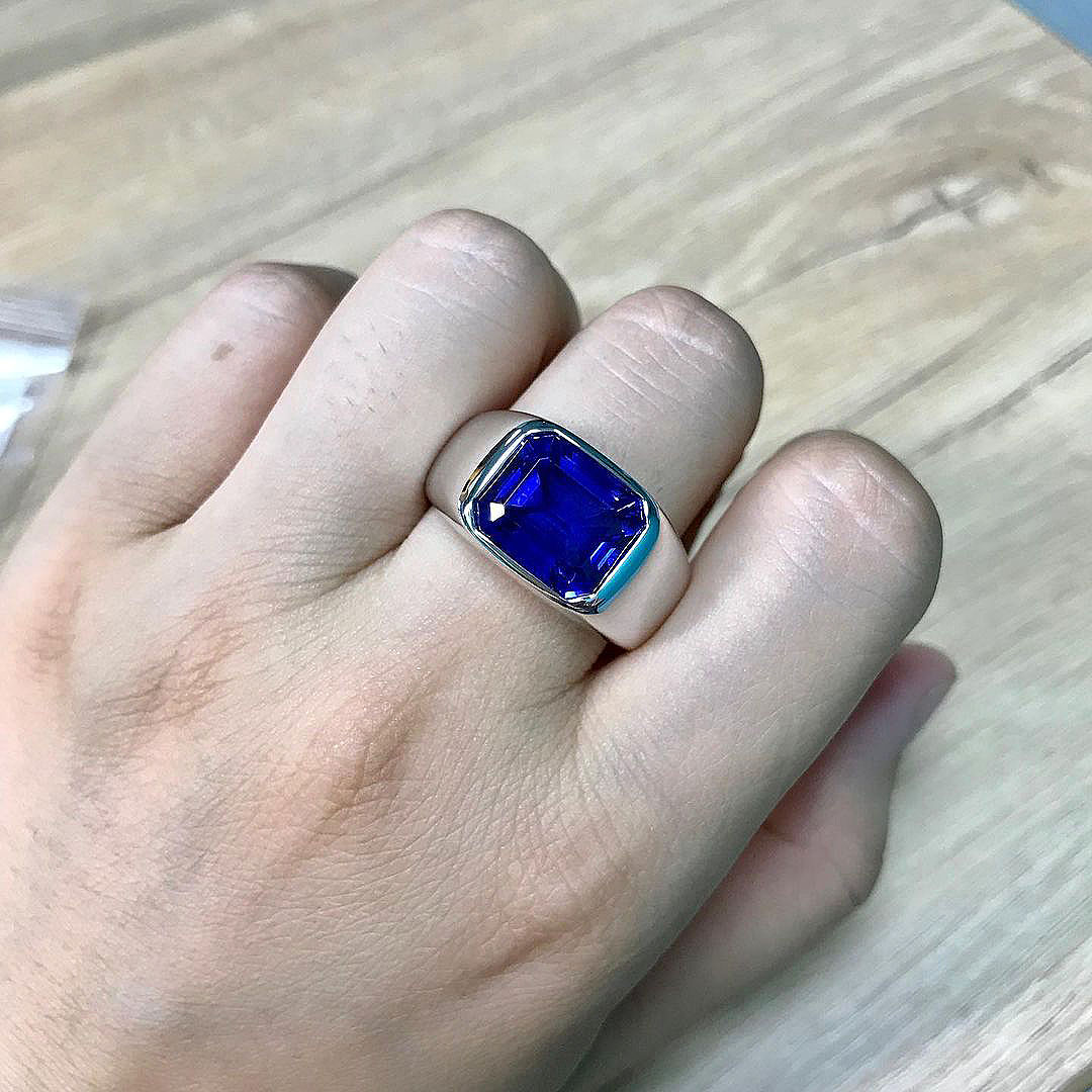 5ct Bezel Setting Emerald Cut Blue Sapphire Men's Engagement Ring