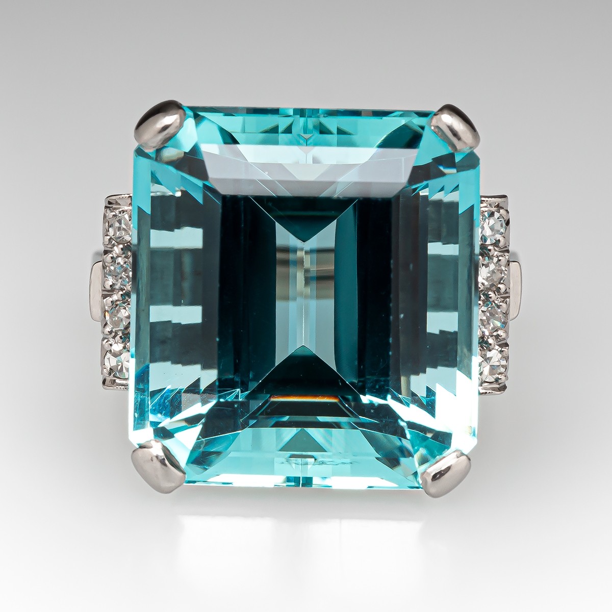 8ct Vintage Emerald Cut Aquamarine Sapphire Cocktail Ring