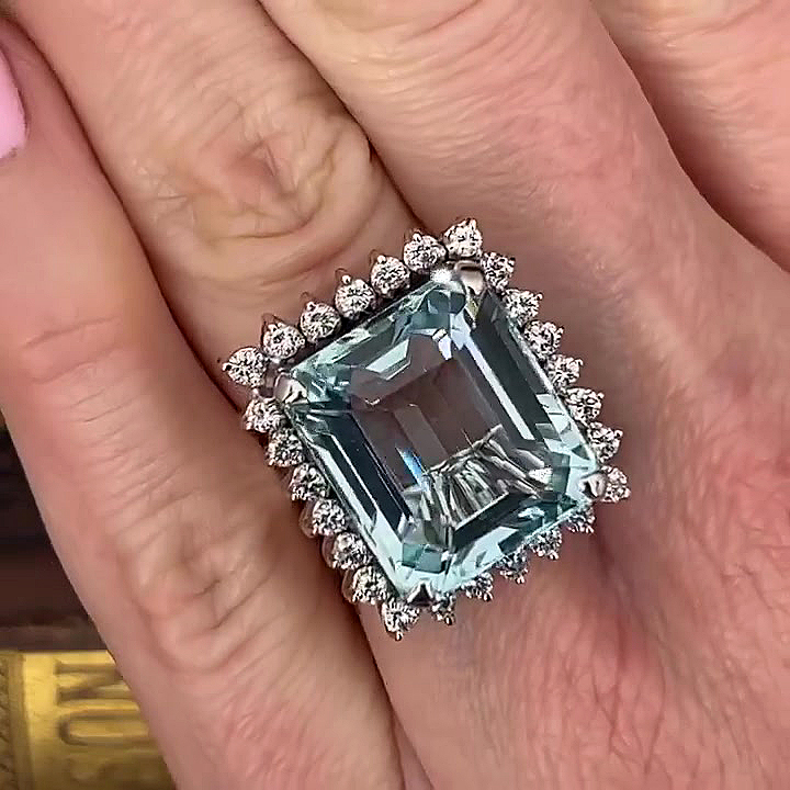 7ct Halo Emerald Cut Aquamarine Sapphire Engagement Ring