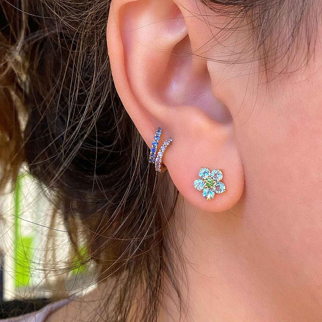 Flower Design Round Cut Aquamarine Sapphire Stud Earrings