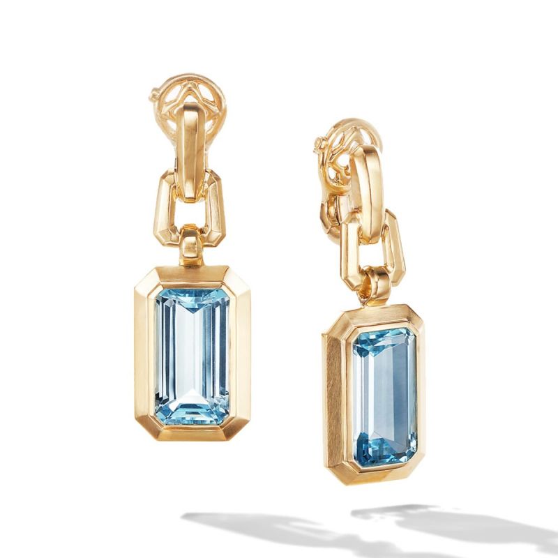 5ct Art Deco Gold Emerald Cut Aquamarine Drop Earrings