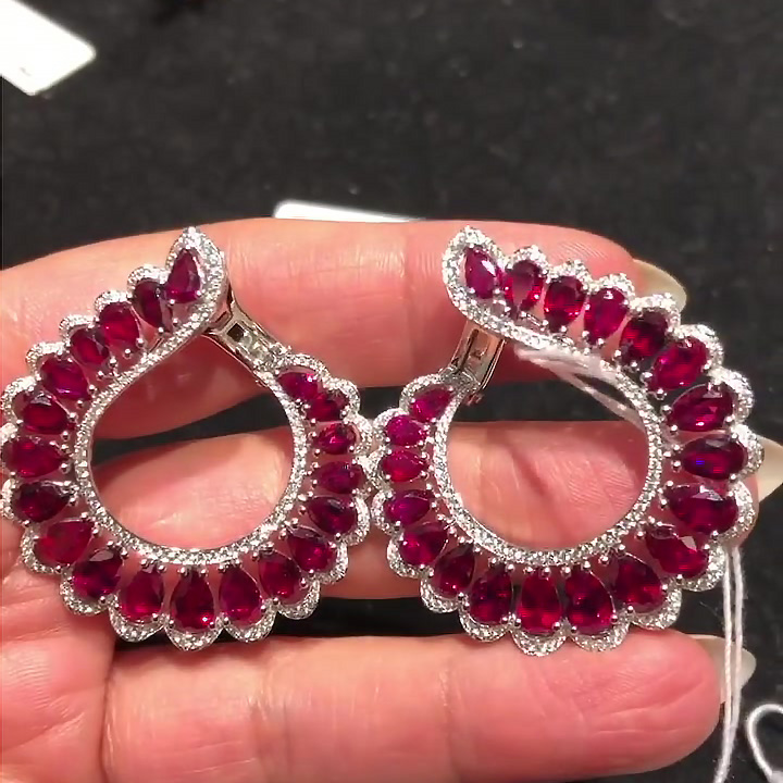 Pear Cut Ruby &White Sapphire Hoop Earrings