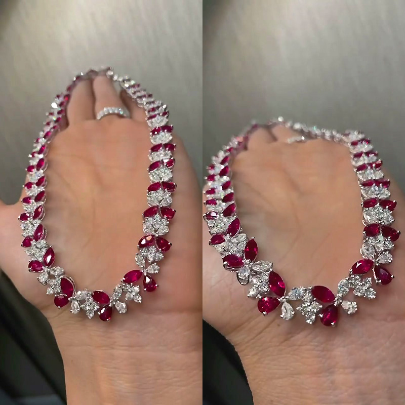 Flower Design Pear&Marquise Cut Ruby Sapphire Necklace