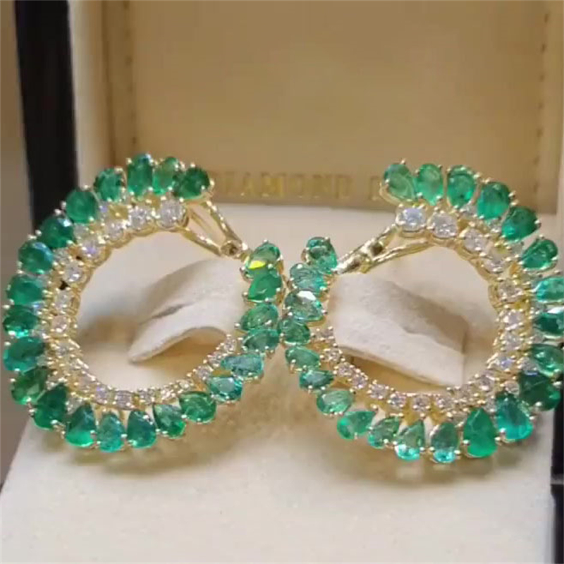 Two Row Two Tone Pear&Round Cut Green&White Sapphire Hoop Earrings