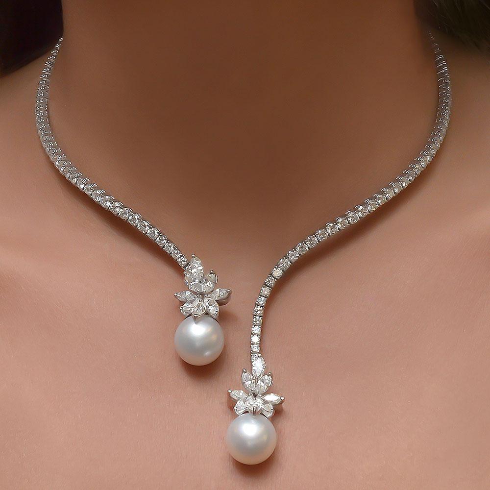 Open Design Marquise Cut White Sapphire Pendant Necklace With Pearl