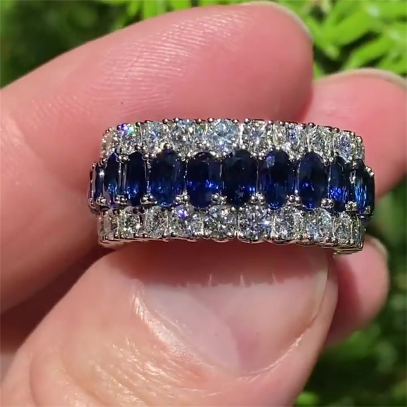 8.15ct Three Row Two Tone Oval&Round Cut Blue Sapphire Wedding Band