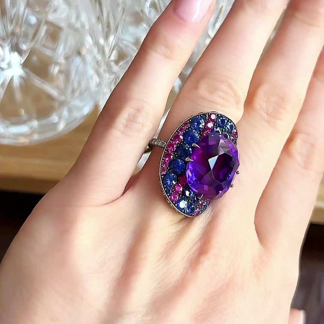 7ct Cushion Cut Amethyst Sapphire Cocktail Ring