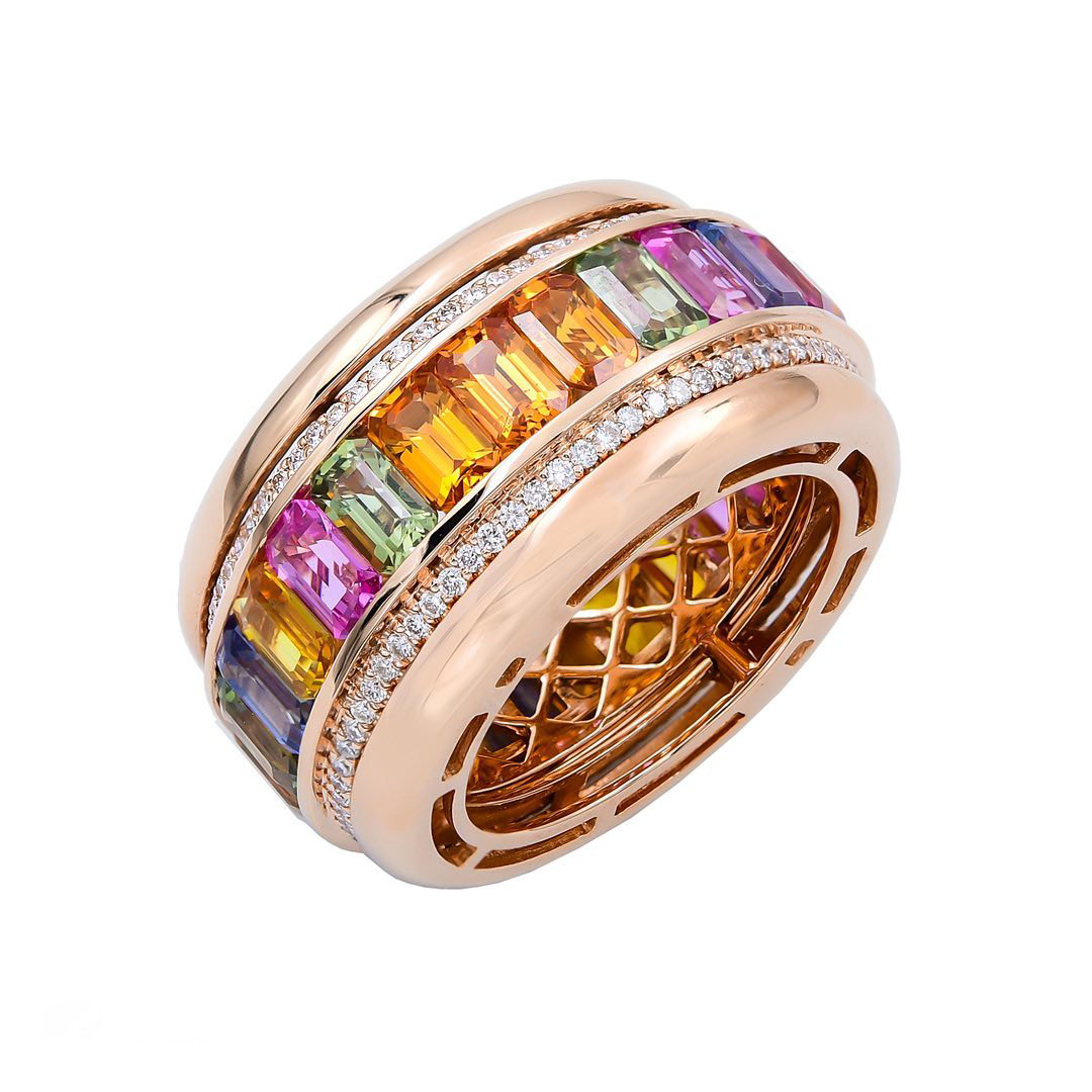 7.75ct Emerald Cut Rainbow Sapphire Eternity Ring