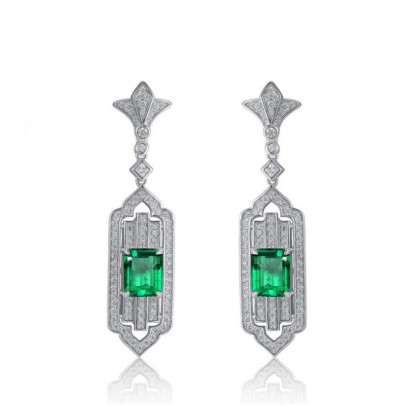 Art Deco Emerald Cut Emerald Sapphire Drop Earrings