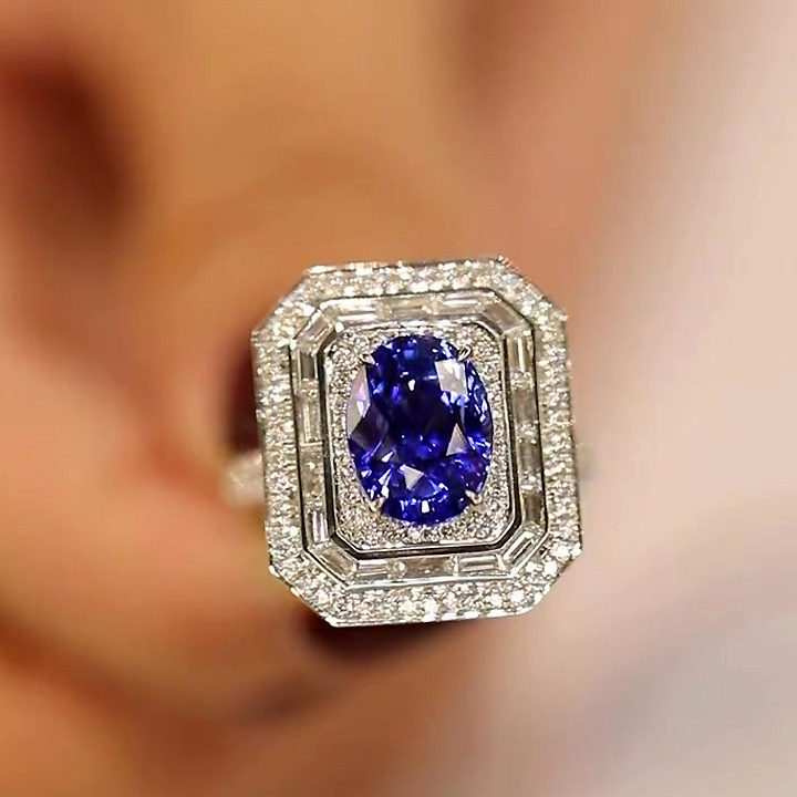 4ct Art Deco Halo Oval Cut Blue Sapphire Engagement Ring