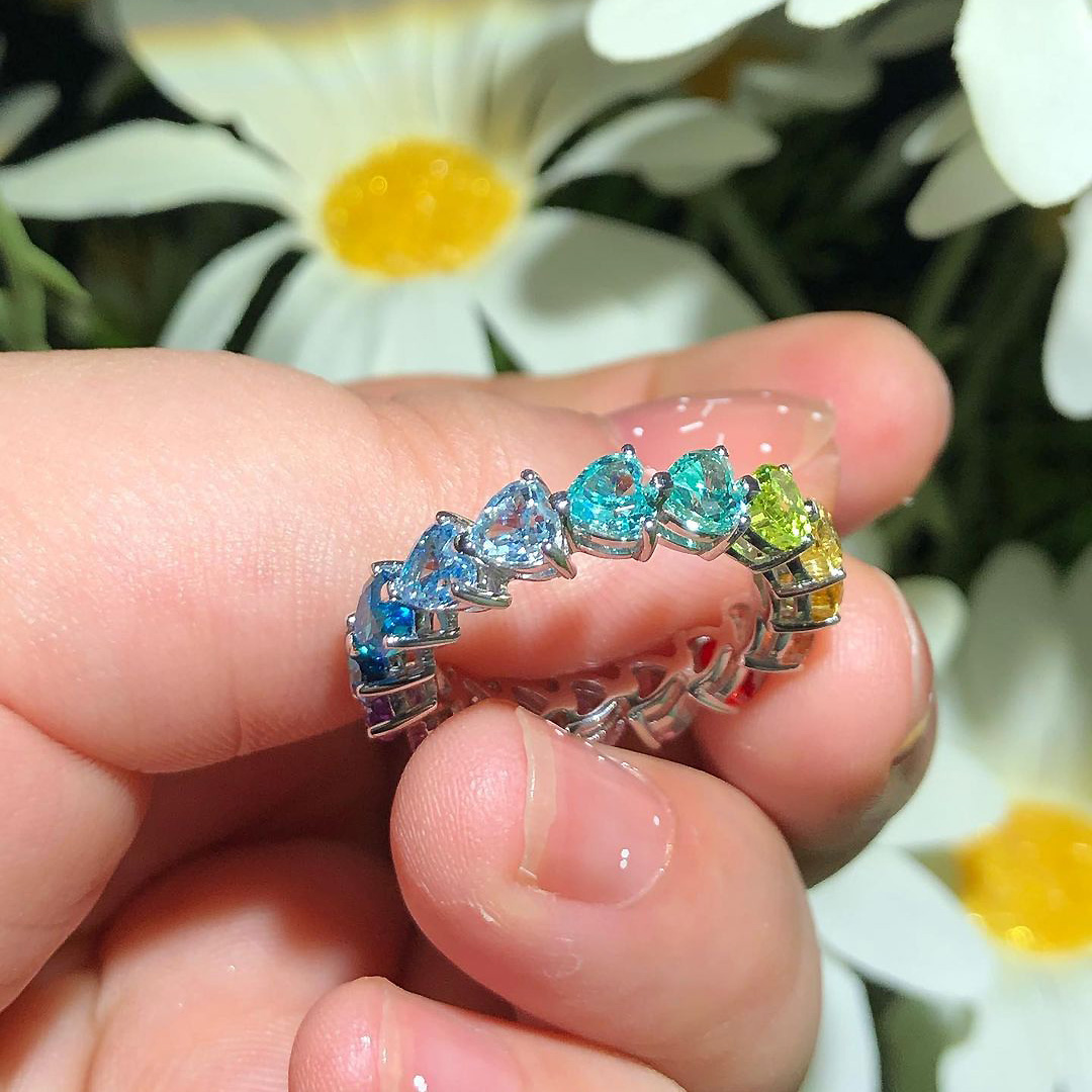4.8ct Heart Cut Rainbow Sapphire Eternity Ring
