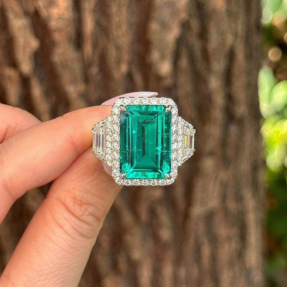 4ct Three-Stone Emerald Cut Emerald Sapphire Engagement Ring