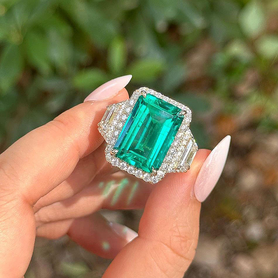 4ct Three-Stone Emerald Cut Emerald Sapphire Engagement Ring