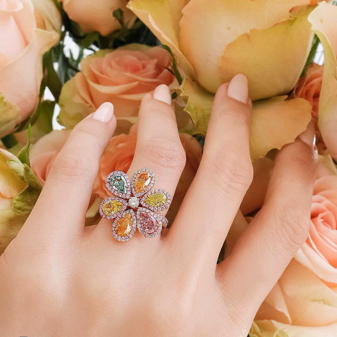 6ct Flower Design Pear Cut Rainbow Sapphire Engagement Ring