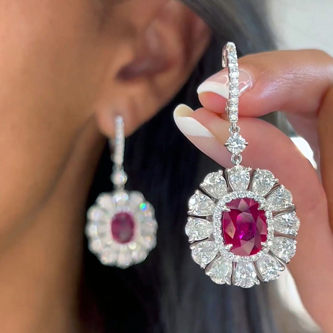 Sunflower Cushion Cut Ruby Sapphire Drop Earrings