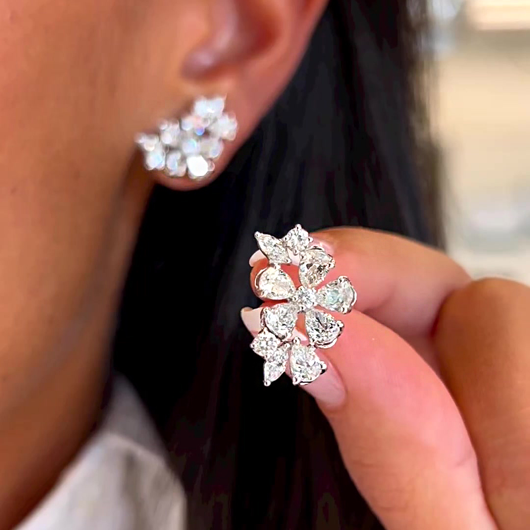 Flower Design Pear Cut White Sapphire Stud Earrings