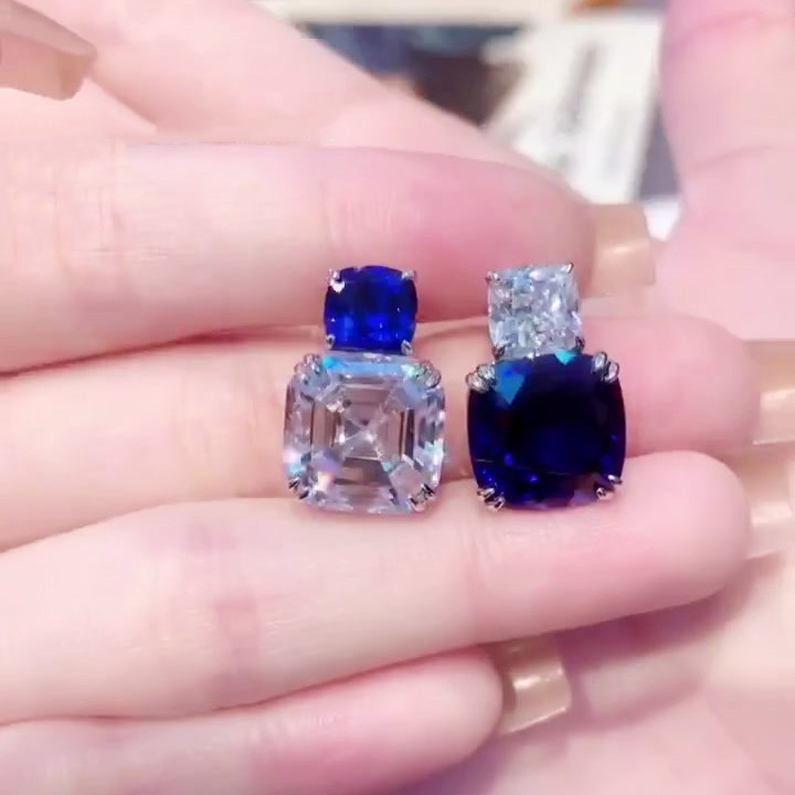 Asscher&Cushion Cut Blue Sapphire Drop Earrings