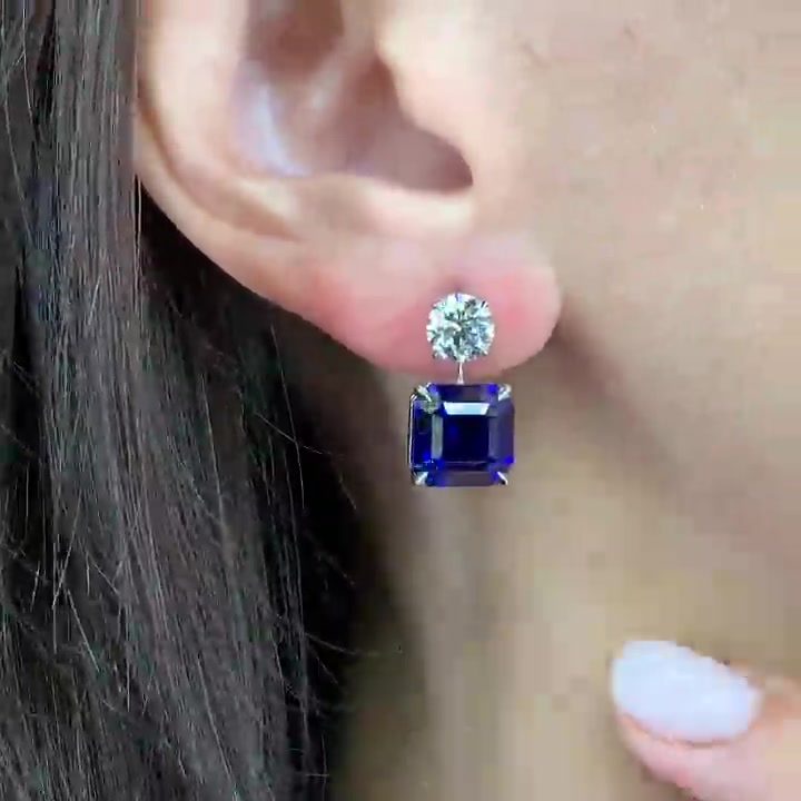 Emerald Cut Blue Sapphire Drop Earrings