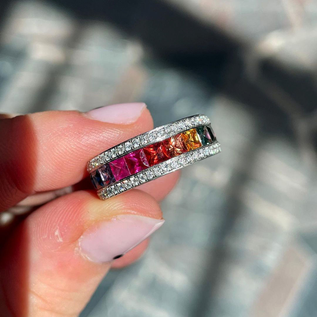 3.75ct Princess Cut Rainbow Sapphire Eternity Ring