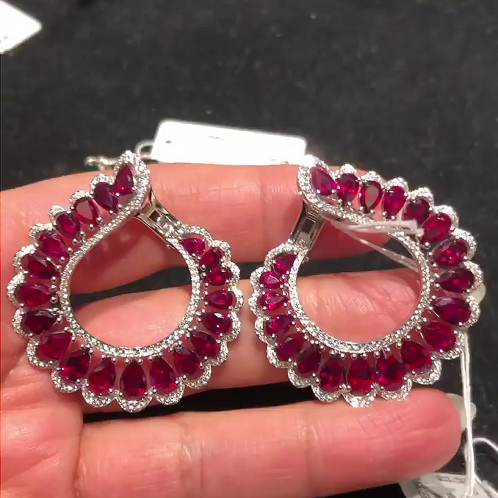 Pear Cut Ruby &White Sapphire Hoop Earrings