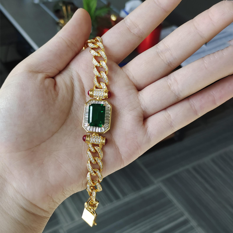 Cuban Chain Emerald Cut Green Sapphire Bracelet