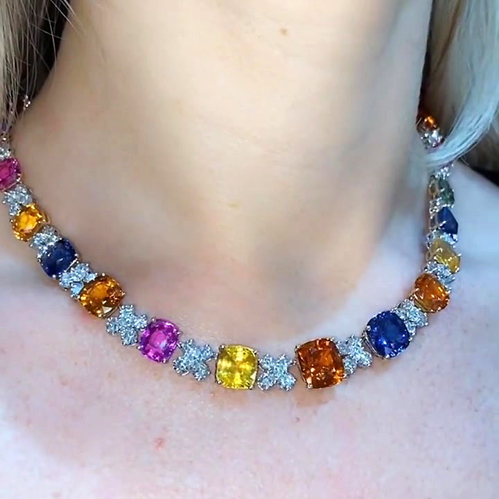 Cushion Cut Rainbow Sapphire Necklace