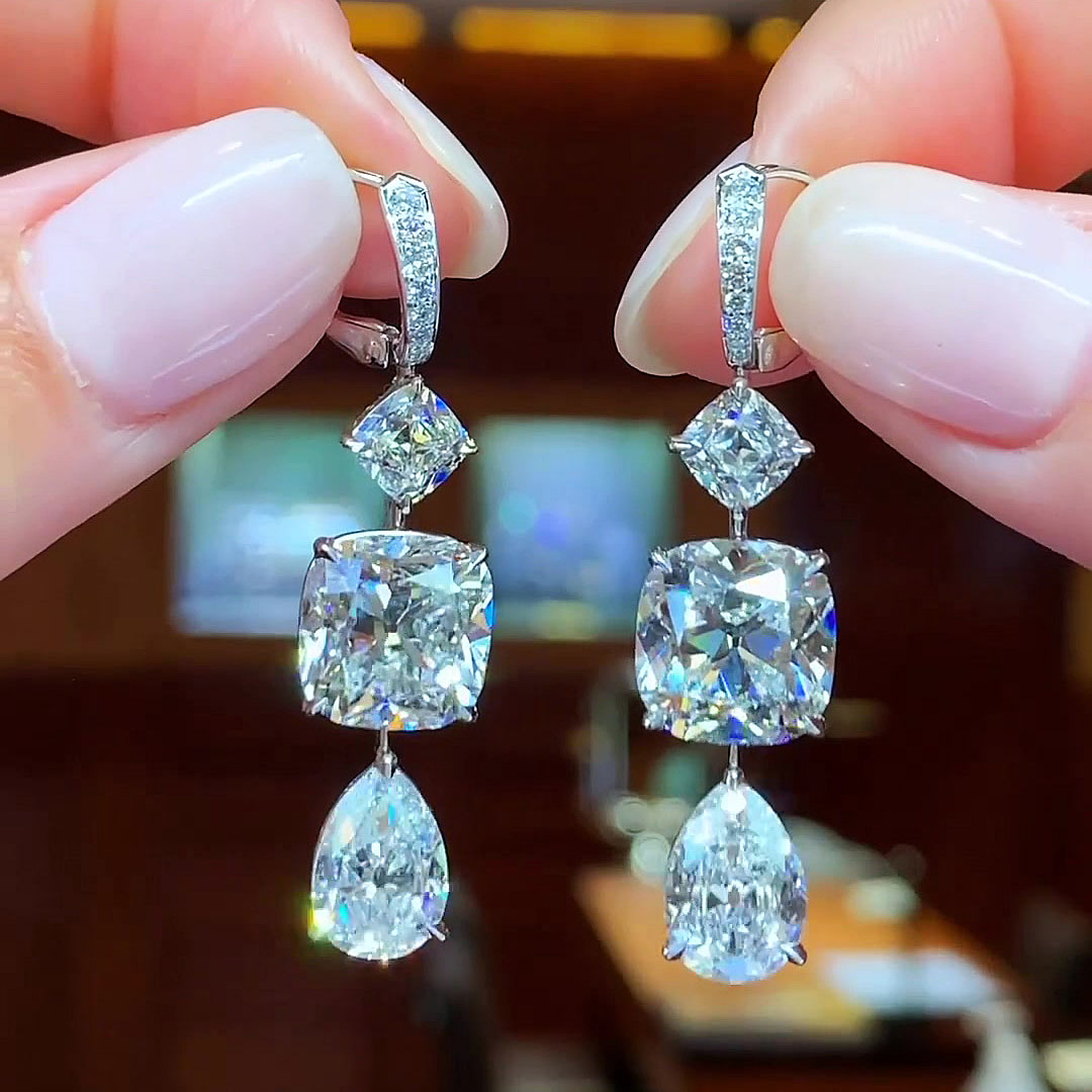 Cushion&Pear Cut White Sapphire Drop Earrings