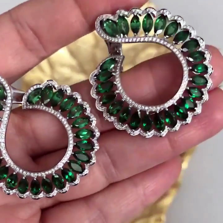 Pear Cut Emerald&White Sapphire Hoop Earrings